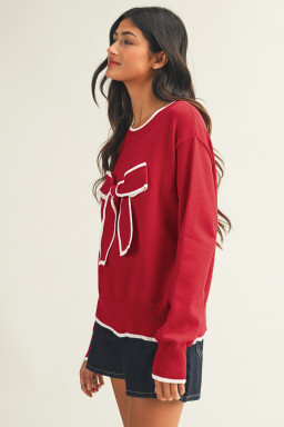 Fiery Red Contrast Trim Big Bow Accent Holiday Cropped Sweater