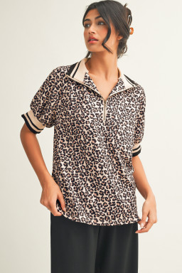 Brown Leopard Print Half Zip Striped Trim Patchwork Short Sleeve Top