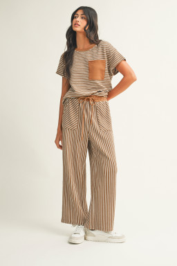 Khaki Stripe Crew Neck Tee Drawstring Waist Cropped Pants Set