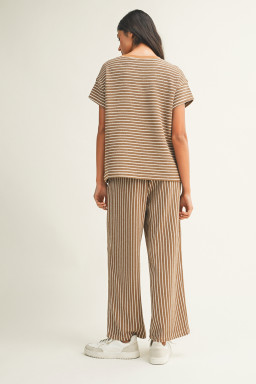 Khaki Stripe Crew Neck Tee Drawstring Waist Cropped Pants Set