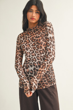 Brown Leopard Mock Neck Long Sleeve Mesh Top