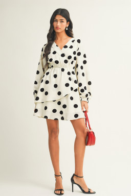 Beige Polka Dot Printed Surplice V Neck Puff Sleeve Mini Dress