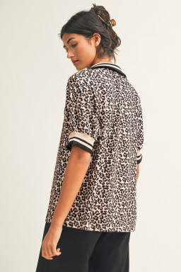 Brown Leopard Print Half Zip Striped Trim Patchwork Short Sleeve Top