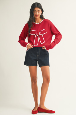 Fiery Red Contrast Trim Big Bow Accent Holiday Cropped Sweater