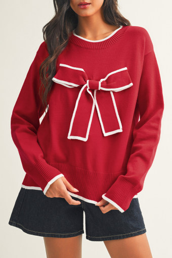 Fiery Red Contrast Trim Big Bow Accent Holiday Cropped Sweater