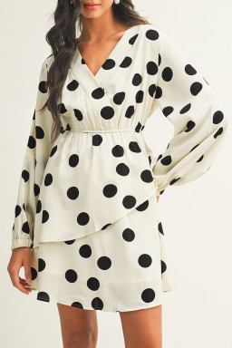 Beige Polka Dot Printed Surplice V Neck Puff Sleeve Mini Dress