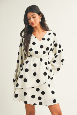 Beige Polka Dot Printed Surplice V Neck Puff Sleeve Mini Dress