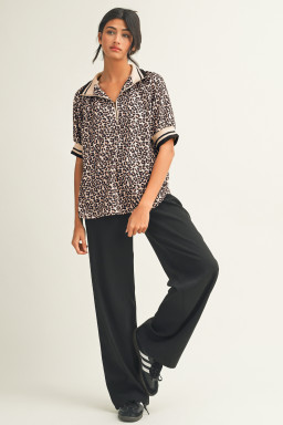 Brown Leopard Print Half Zip Striped Trim Patchwork Short Sleeve Top