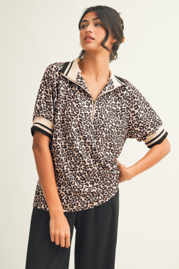 Brown Leopard Print Half Zip Striped Trim Patchwork Short Sleeve Top