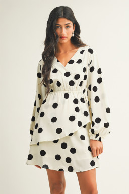 Beige Polka Dot Printed Surplice V Neck Puff Sleeve Mini Dress