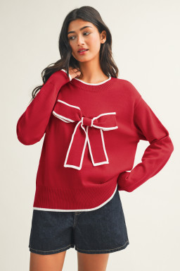 Fiery Red Contrast Trim Big Bow Accent Holiday Cropped Sweater