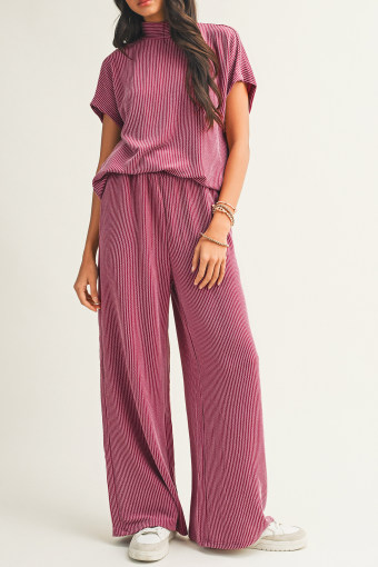 Burgundy Twisted Ribbed High Neck Loose Tee Elastic High Waist Loose Pant Set