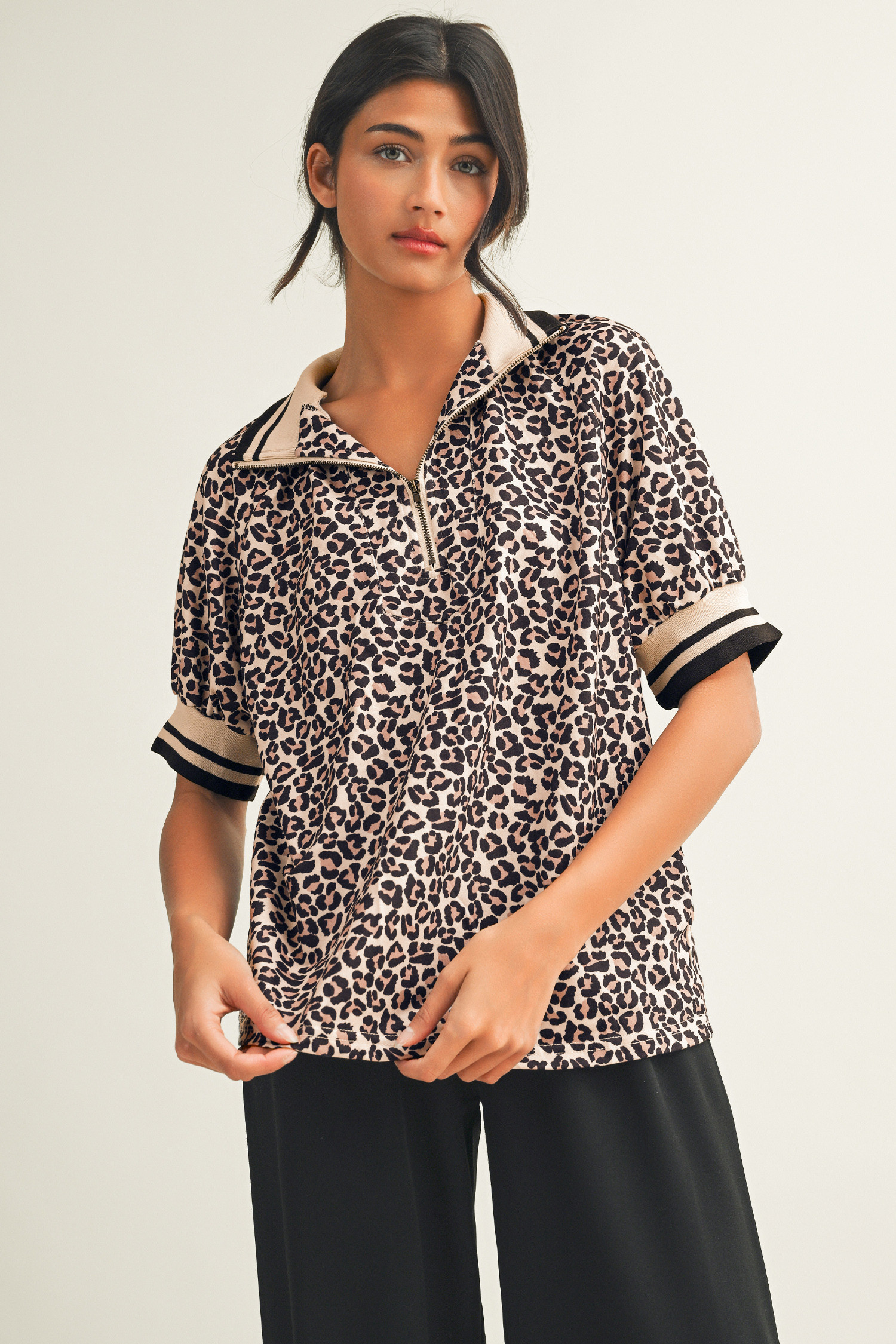 Brown Leopard Print Half Zip Striped Trim Patchwork Short Sleeve Top