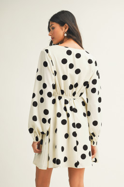 Beige Polka Dot Printed Surplice V Neck Puff Sleeve Mini Dress