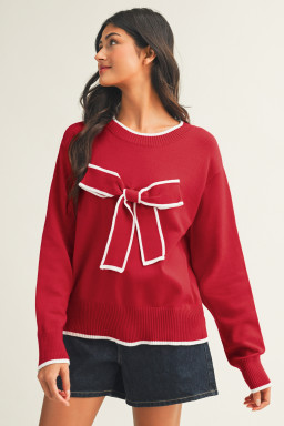 Fiery Red Contrast Trim Big Bow Accent Holiday Cropped Sweater