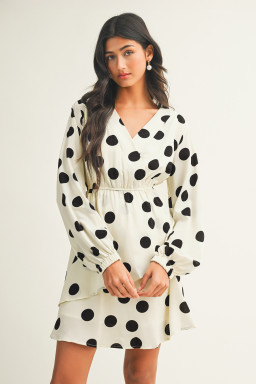 Beige Polka Dot Printed Surplice V Neck Puff Sleeve Mini Dress