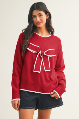 Fiery Red Contrast Trim Big Bow Accent Holiday Cropped Sweater