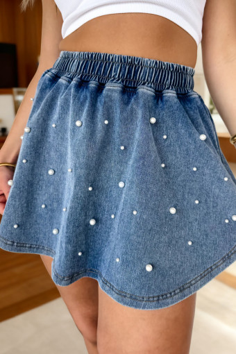 Ashleigh Blue Denim Pearl Embellished Elastic Waist Mini Skort
