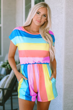 Multicolor Striped Print High Waist Short Sleeve Romper with Pockets