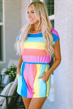 Multicolor Striped Print High Waist Short Sleeve Romper with Pockets