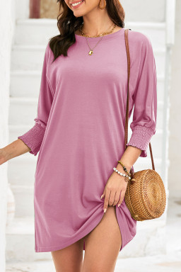Pink Shirred Cuff 3/4 Sleeve T Shirt Mini Dress