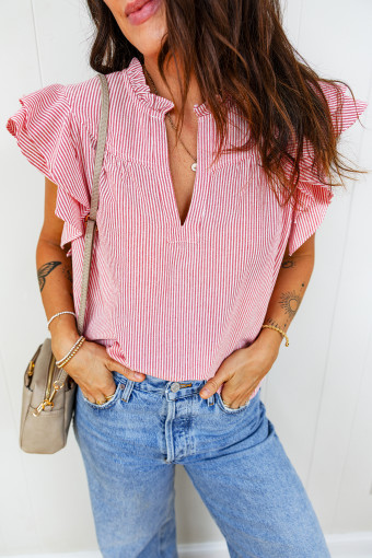 Red Stripe Frilly Split Neck Double Ruffled Short Sleeve Blouse