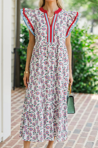 Red Cute Sunflower Printed Striped Patchwork Trim Flutter Sleeve Long Dress