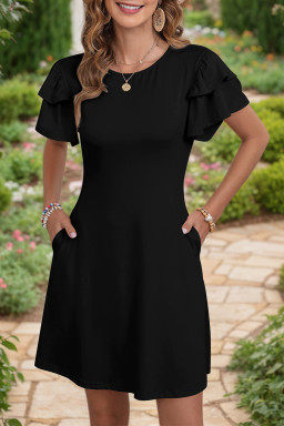 Black Solid Color Round Neck Double Ruffle Short Sleeve Dress