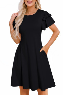 Black Solid Color Round Neck Double Ruffle Short Sleeve Dress