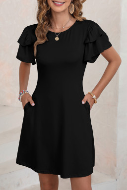 Black Solid Color Round Neck Double Ruffle Short Sleeve Dress