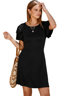 Black Solid Color Round Neck Double Ruffle Short Sleeve Dress