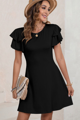 Black Solid Color Round Neck Double Ruffle Short Sleeve Dress
