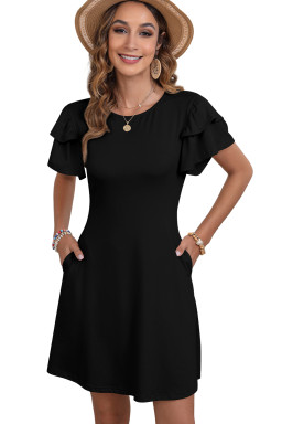 Black Solid Color Round Neck Double Ruffle Short Sleeve Dress