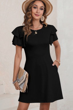Black Solid Color Round Neck Double Ruffle Short Sleeve Dress