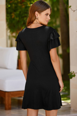 Black Solid Color Round Neck Double Ruffle Short Sleeve Dress