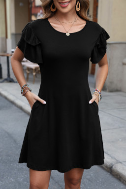 Black Solid Color Round Neck Double Ruffle Short Sleeve Dress