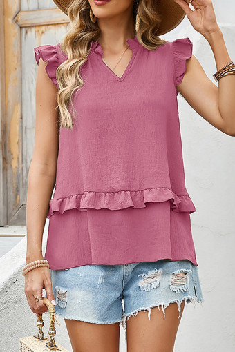 Desert Rose Notched V Neck Ruffle Detail Tank Top