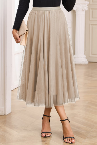 Apricot Tulle Mesh Overlay Flared Midi Skirt