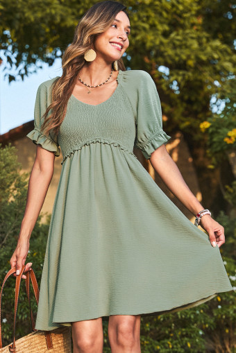 Smoke Green Short Sleeve Shirred Waist V-Neck Textured Mini Dress