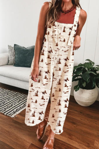 Beige Western Printed Button Adjustable Straps Loose Jumpsuit Dungarees