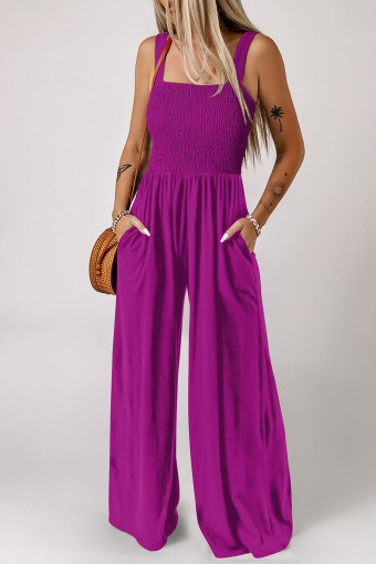 Purple Orchid Smocked Square Neck Sleeveless Jumpsuit with Pockets