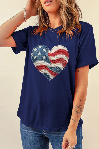 Blue Patriotic Denim Heart Graphic T-Shirt