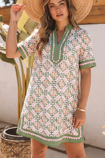 Multicolour Boho Geometric Flower Print Short Sleeve Loose Mini Dress