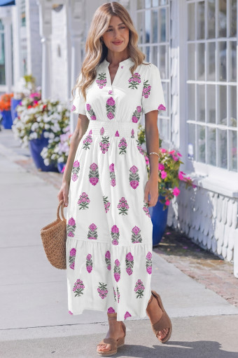 White Floral Print Split Neck Shirred High Waist Ruffle Hem Maxi Dress