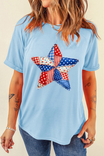 Light Blue Patriotic Patchwork Star Graphic T-Shirt