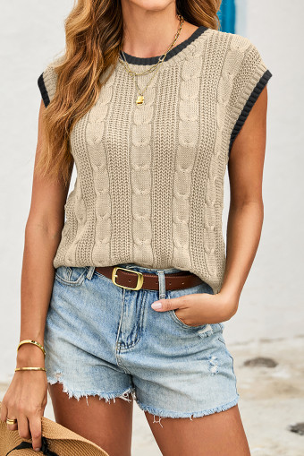 Apricot Cable Ribbed Knit Contrast Trim Loose Sweater Vest