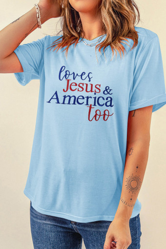 Light Blue Loves Jesus & America Too Patriotic Slogan Embroidered T Shirt