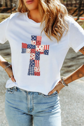White Faux Patchwork Print Patriotic Cross Tee