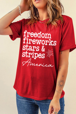 Red Freedom Fireworks American Patriotic Slogan Printed T Shirt