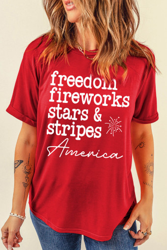 Red Freedom Fireworks American Patriotic Slogan Printed T Shirt